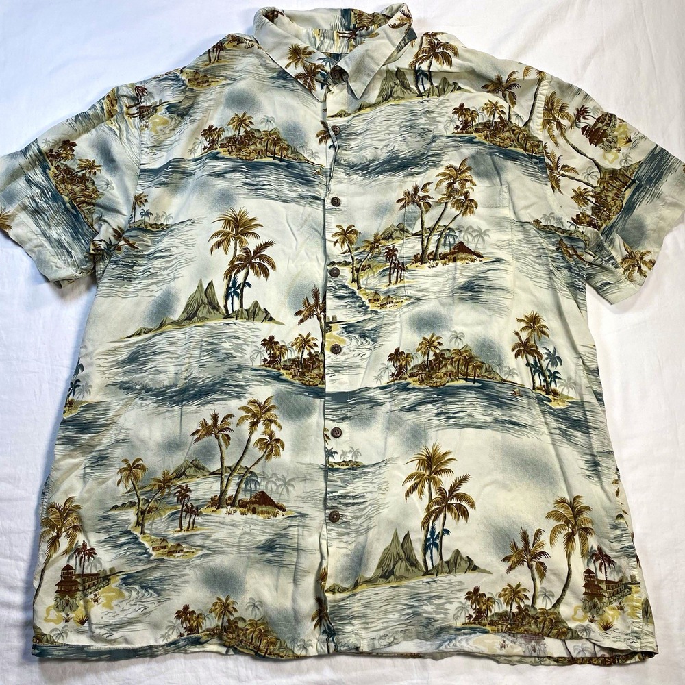 Island Shores Rayon Woven Short Sleeve Button-Up XXL Scenic Hawaiian Pockets